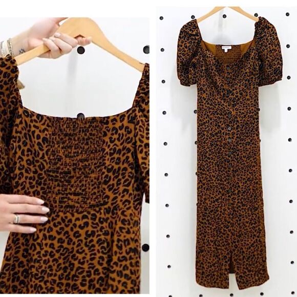Nwt Good American Corset Leopard Print Puff Sleeve Maxi Dress NWT Mocha Mousse - Picture 8 of 14